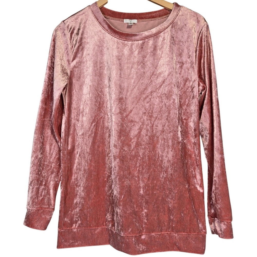 BP Womens Crushed Velvet Long Sleeve Top Pullover Crew Neck Pink XS‎ Extra Small